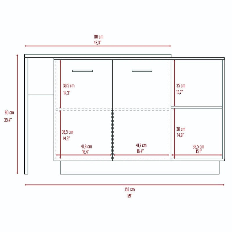 Isla de cocina con 2 estantes abiertos, armario de doble puerta y 3 estantes interiores