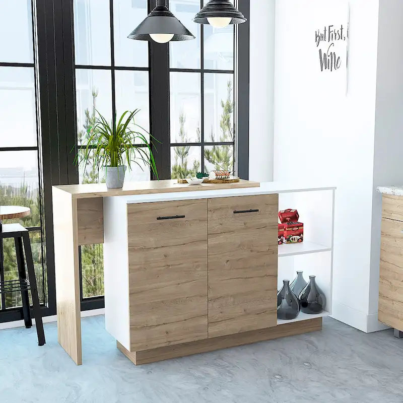Isla de cocina con 2 estantes abiertos, armario de doble puerta y 3 estantes interiores