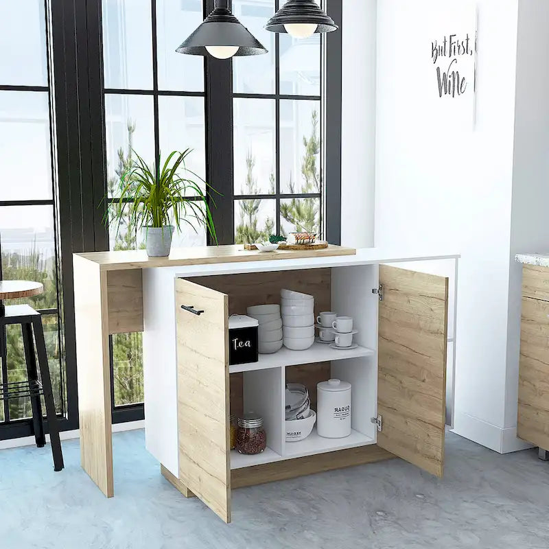 Isla de cocina con 2 estantes abiertos, armario de doble puerta y 3 estantes interiores