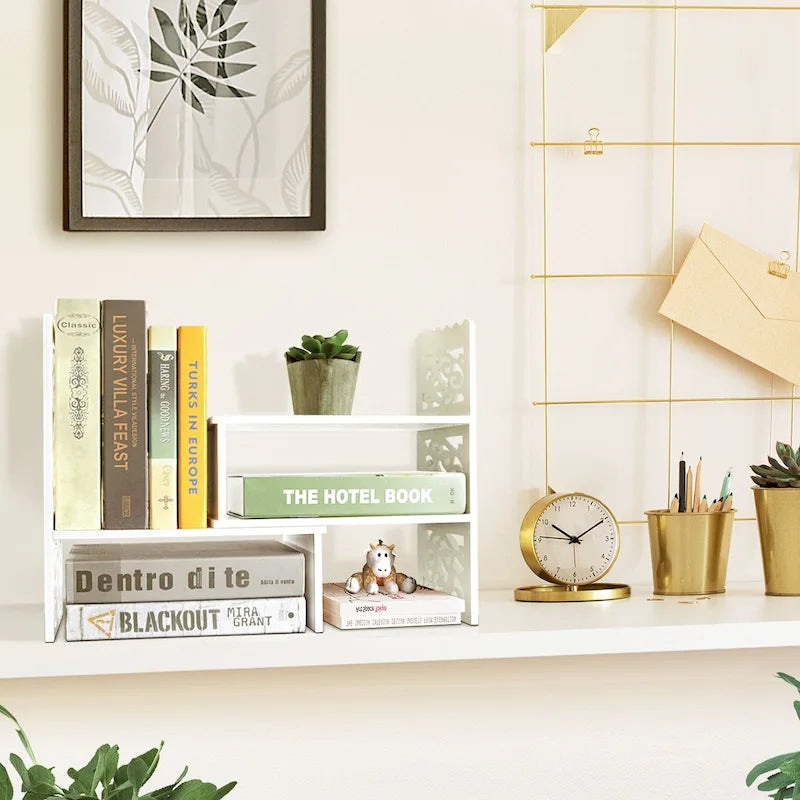 Retro 3-Compartment White Wood Desktop Organizer Adjustable Storage Shelf