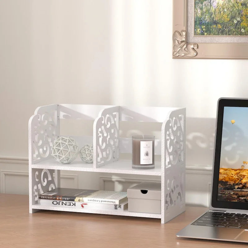 Retro 3-Compartment White Wood Desktop Organizer Adjustable Storage Shelf