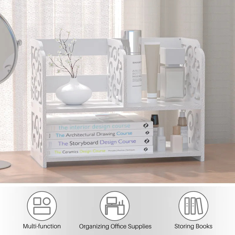 Retro 3-Compartment White Wood Desktop Organizer Adjustable Storage Shelf