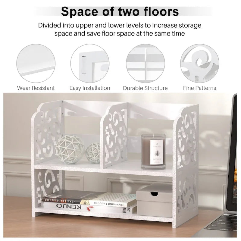 Retro 3-Compartment White Wood Desktop Organizer Adjustable Storage Shelf