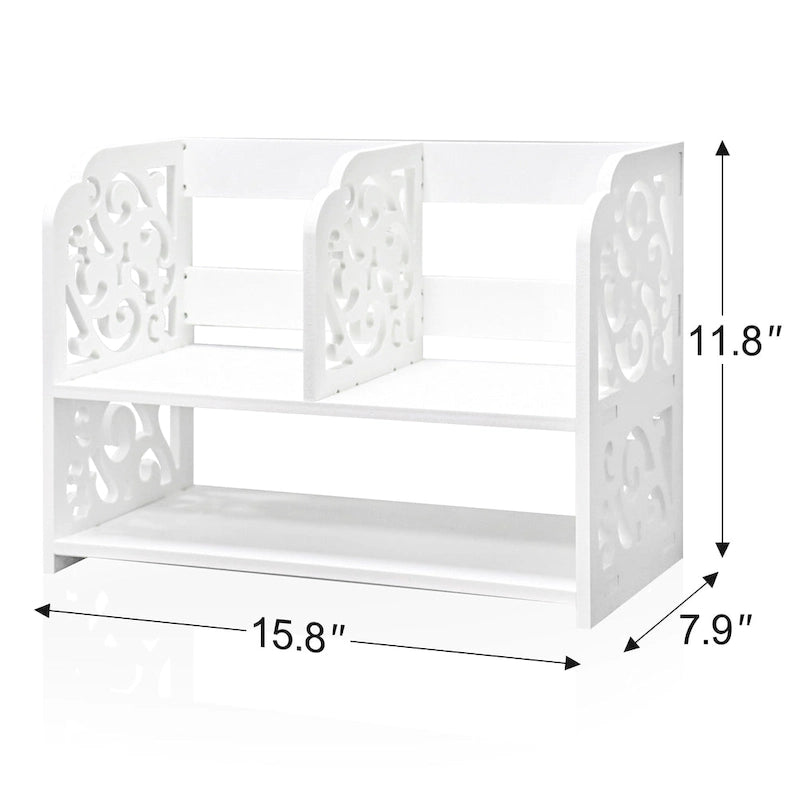 Retro 3-Compartment White Wood Desktop Organizer Adjustable Storage Shelf
