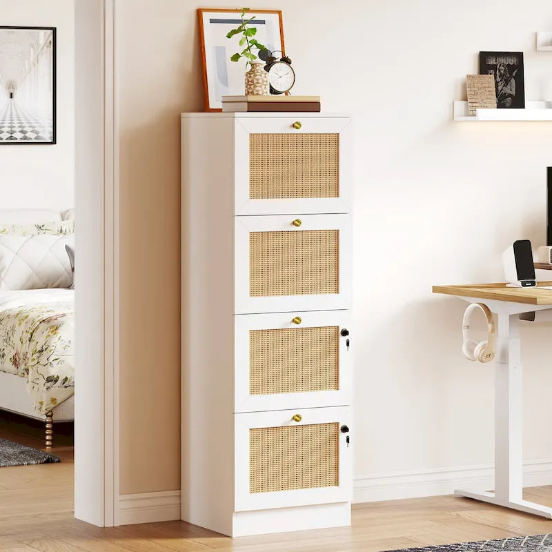 Moasis 15-inch Deep 4 Drawers Rattan Vertical File Cabinet with Lock