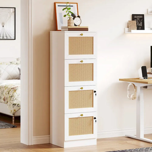 Moasis 15-inch Deep 4 Drawers Rattan Vertical File Cabinet with Lock