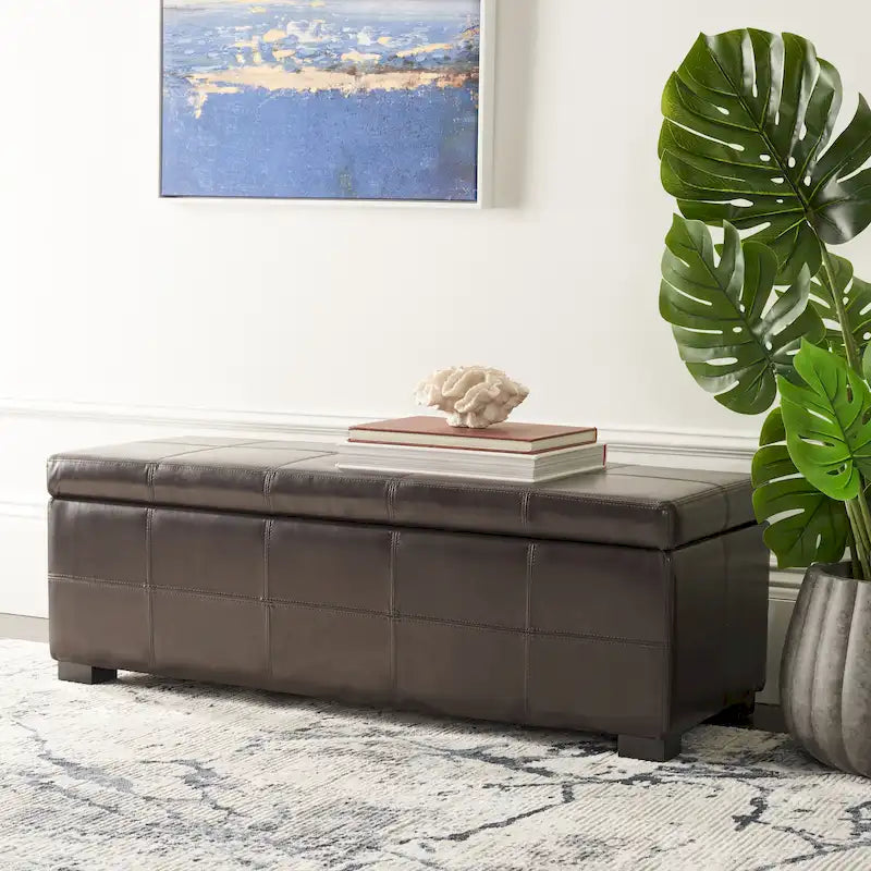 Brown Bicast Leather Wood Storage Bench with Ottoman Seating