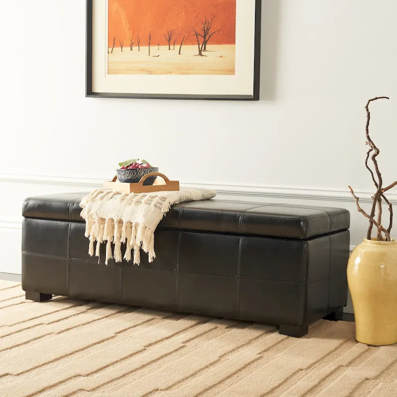 Brown Bicast Leather Wood Storage Bench with Ottoman Seating