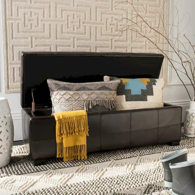 Brown Bicast Leather Wood Storage Bench with Ottoman Seating