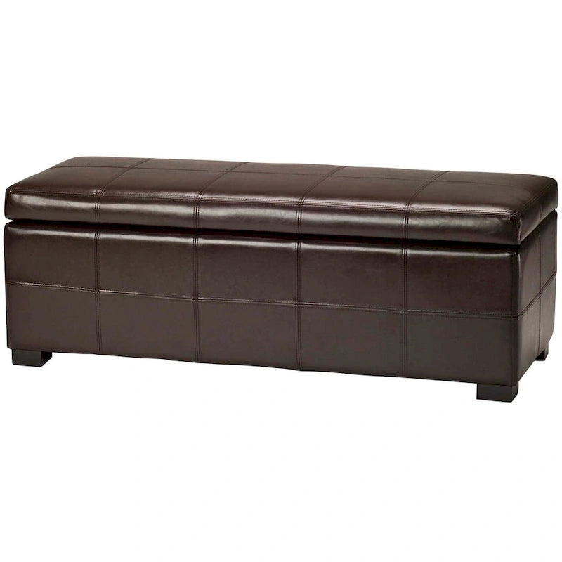 Brown Bicast Leather Wood Storage Bench with Ottoman Seating