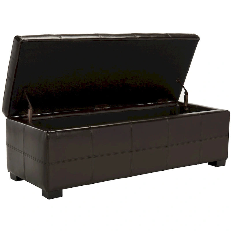 Brown Bicast Leather Wood Storage Bench with Ottoman Seating
