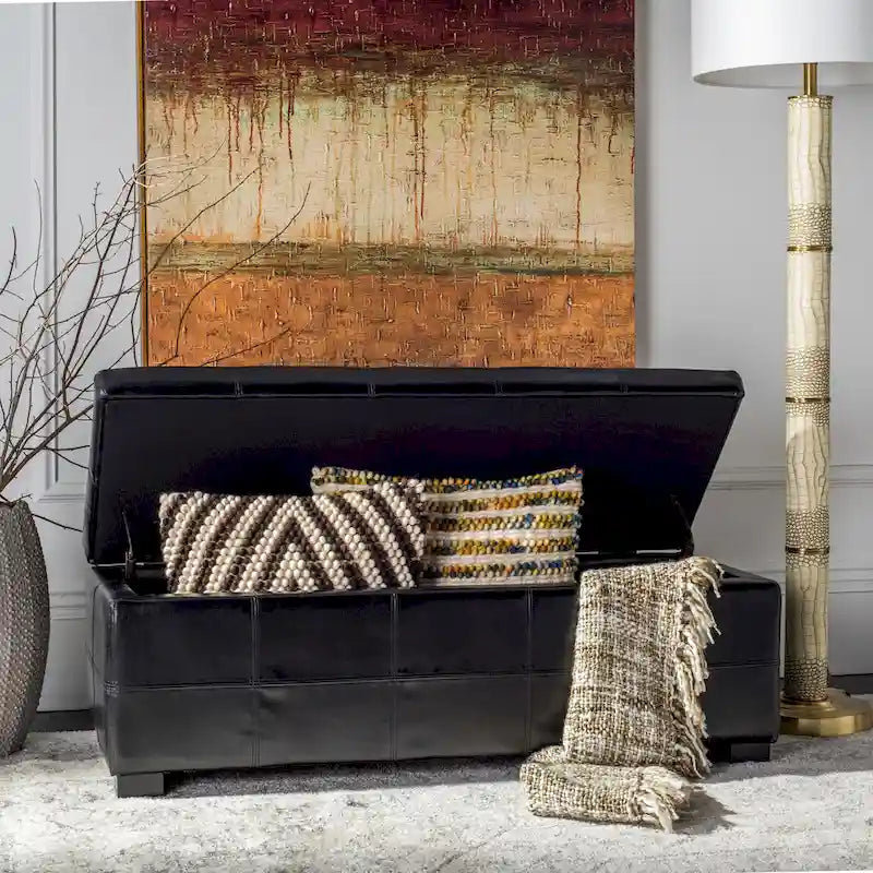 Brown Bicast Leather Wood Storage Bench with Ottoman Seating