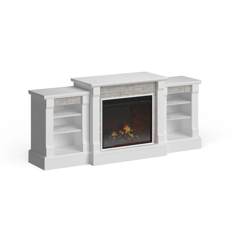 Remote Controlled LED Electric Fireplace with Mantel in White Stone and Storage
