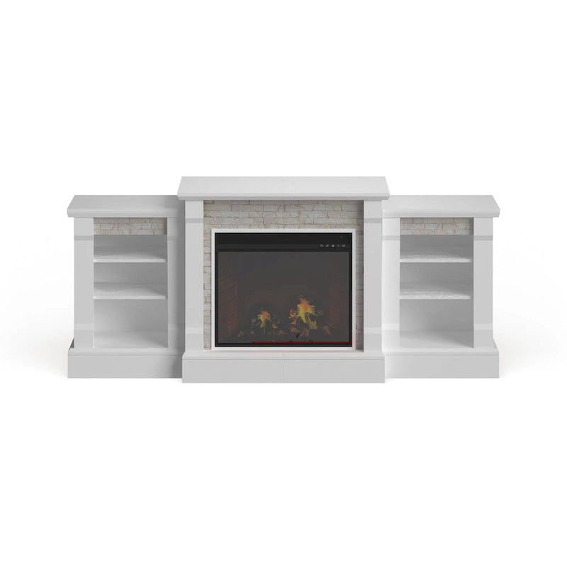 Remote Controlled LED Electric Fireplace with Mantel in White Stone and Storage