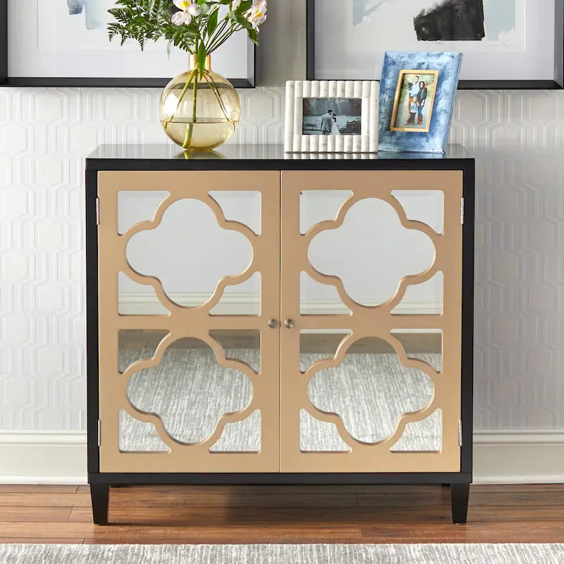 Glam Quatrefoil Mirrored Double Door Storage Cabinet with Adjustable Shelf