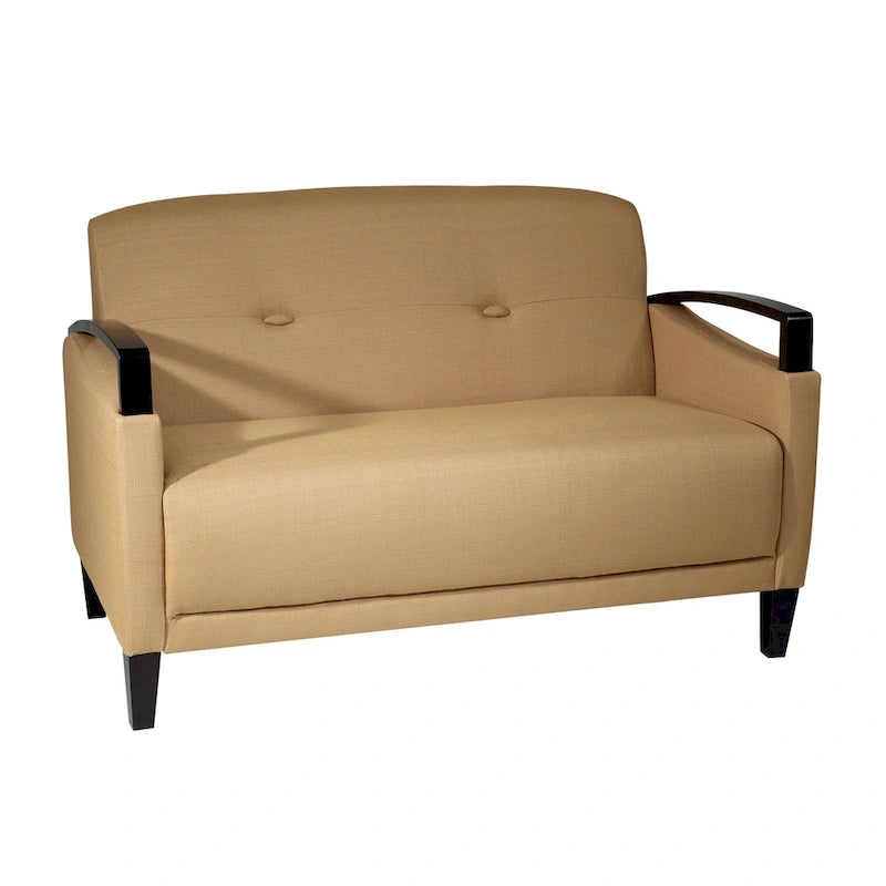 Sofá biplaza de tela Interlace con brazos y patas de madera en acabado espresso