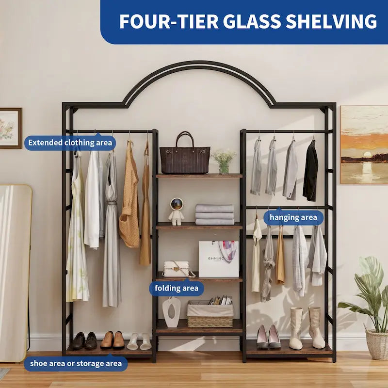 Heavy Duty Coat Rack with 3 Hang Rods and 6 Adjustable Shelves
