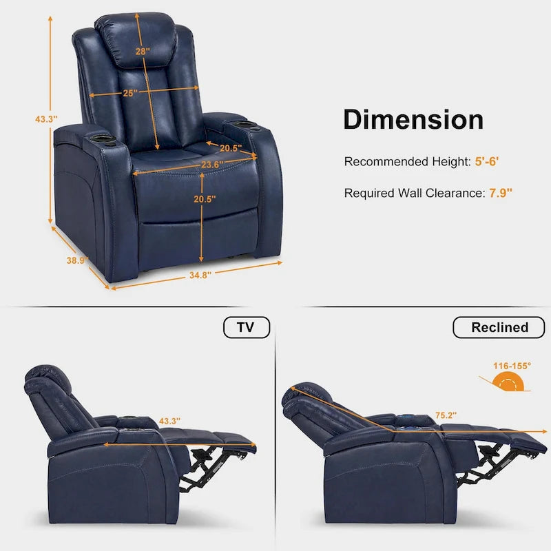 Power Recliner Chair Home Theater Seating with Adjustable Headrest Tray Table Breathable Leather
