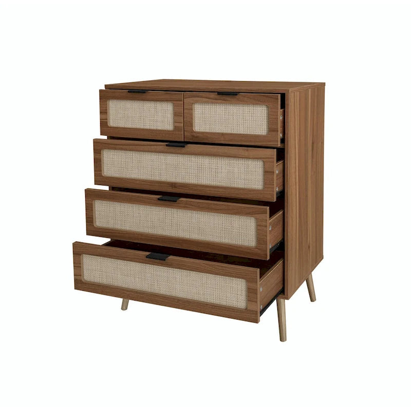 5-Drawer Rattan Accent Storage Cabinet with Pine Legs Modern Style