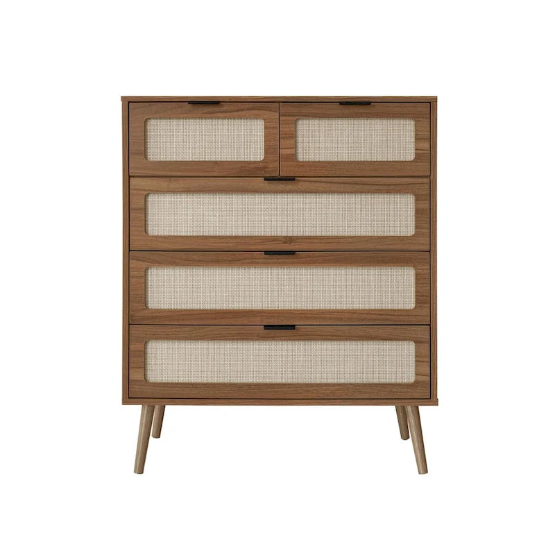 5-Drawer Rattan Accent Storage Cabinet with Pine Legs Modern Style
