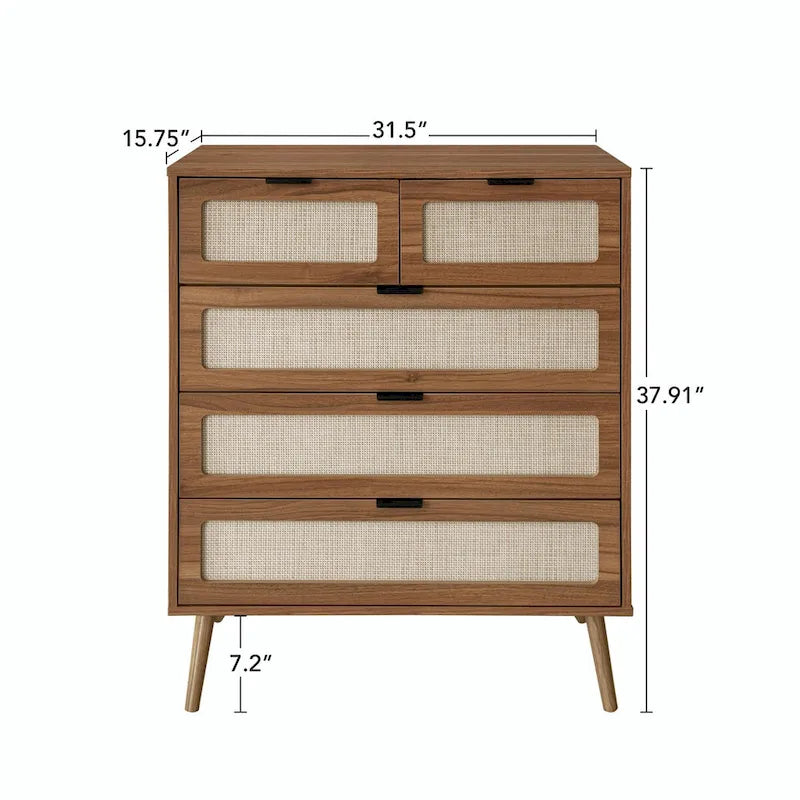 5-Drawer Rattan Accent Storage Cabinet with Pine Legs Modern Style