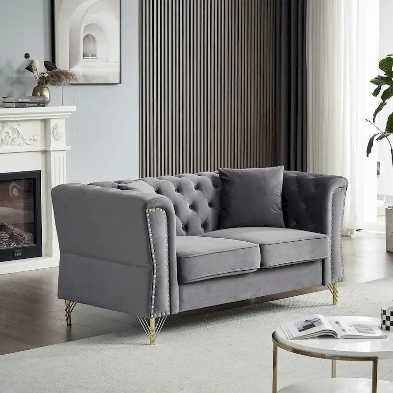 60,2-Zoll-Loveseat-Sofa aus Samt mit Knopfheftung und Nagelkopfbesatz
