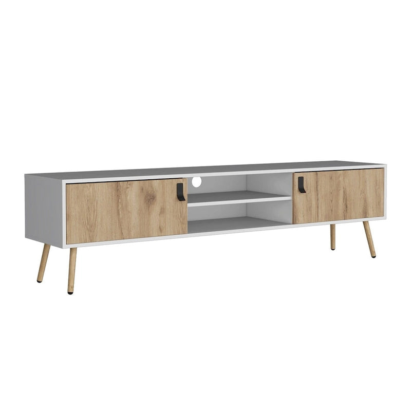 Dual-Tone TV Stand with Two Hinged Cabinets and Open Shelves