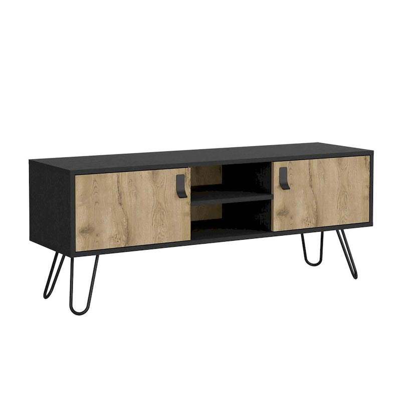 Mueble para TV de dos tonos con dos puertas abatibles y estantes abiertos
