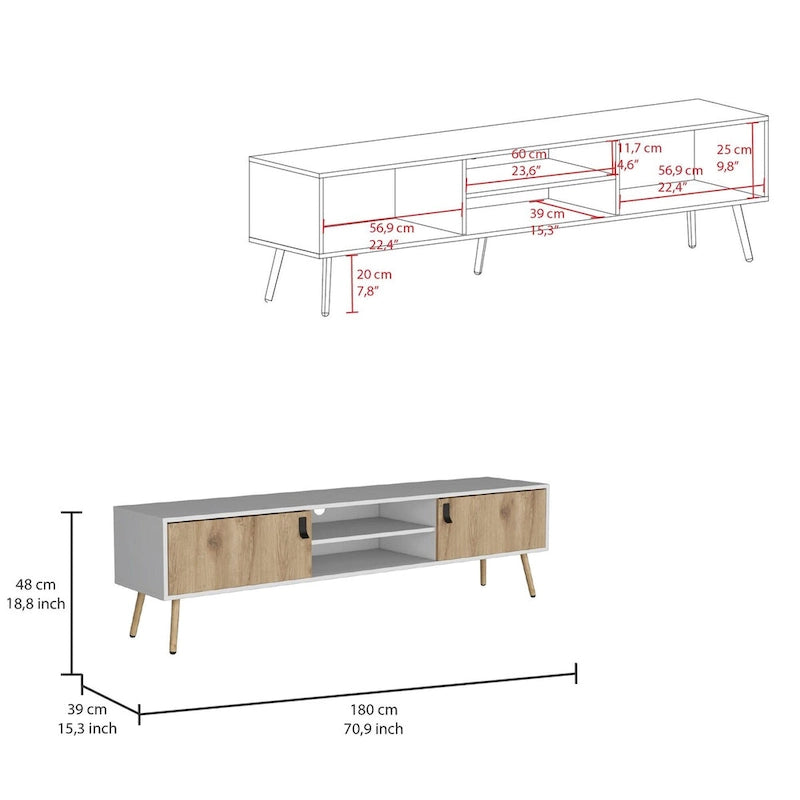 Mueble para TV de dos tonos con dos puertas abatibles y estantes abiertos