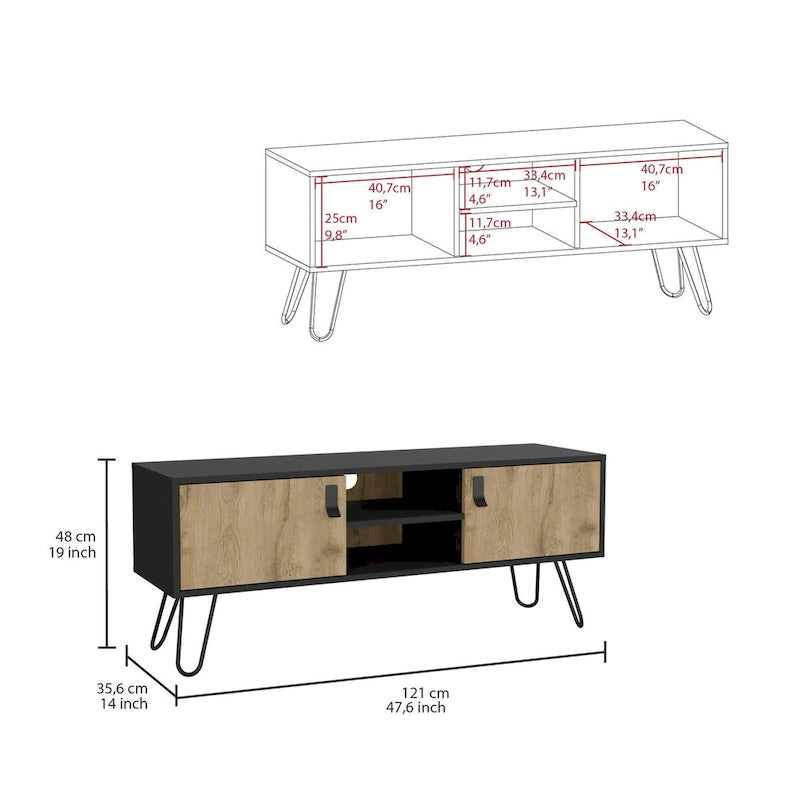 Mueble para TV de dos tonos con dos puertas abatibles y estantes abiertos