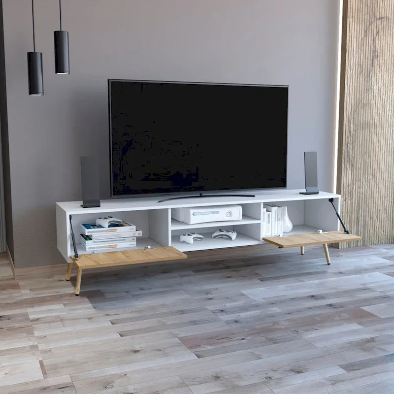 Mueble para TV de dos tonos con dos puertas abatibles y estantes abiertos