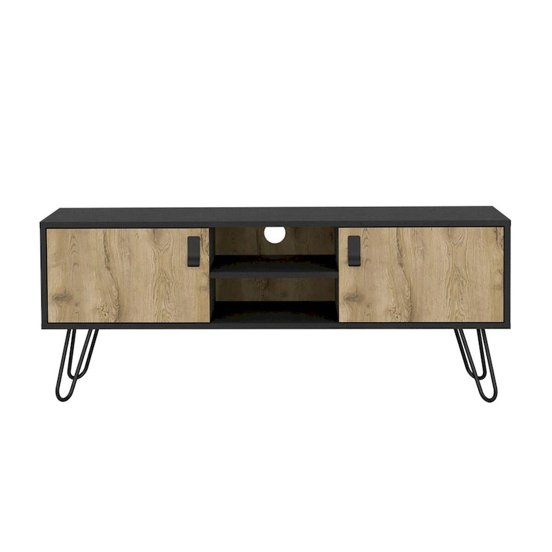 Mueble para TV de dos tonos con dos puertas abatibles y estantes abiertos