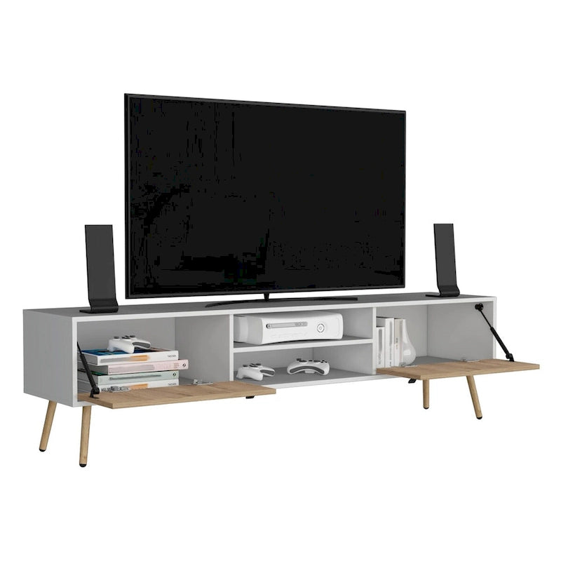 Mueble para TV de dos tonos con dos puertas abatibles y estantes abiertos
