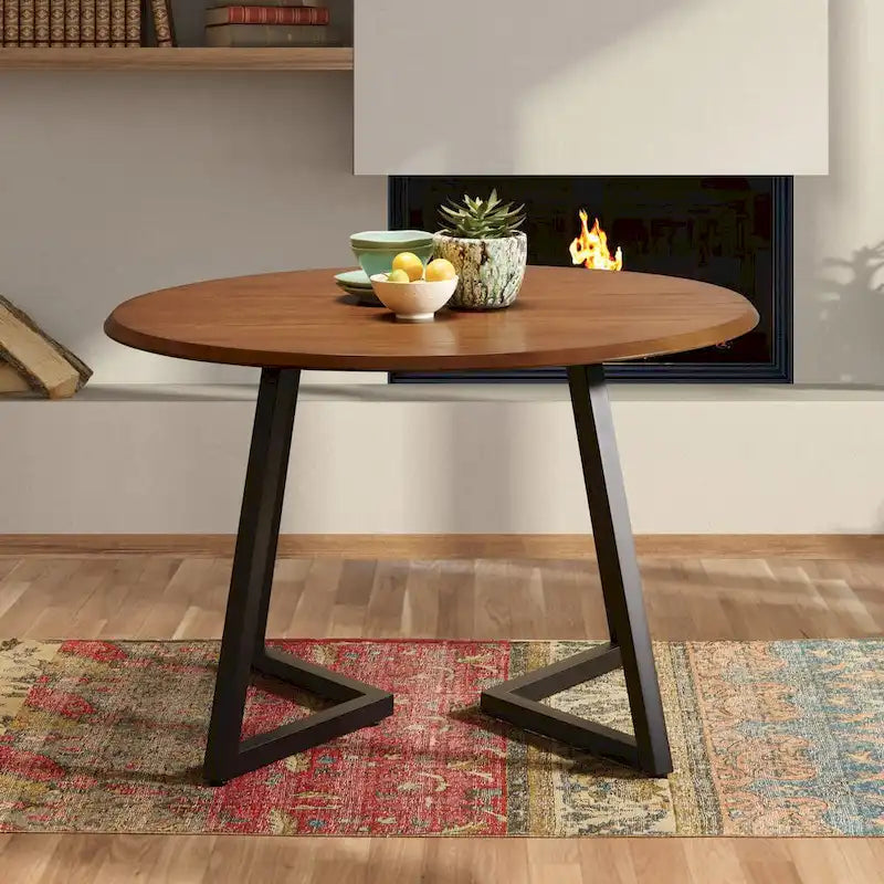 Round Dining Table with Matte Black Metal Cross-Frame Base