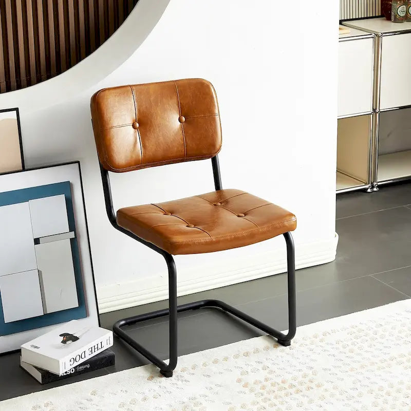 Modern Simple Leather Dining Chair with Metal Pipe Legs