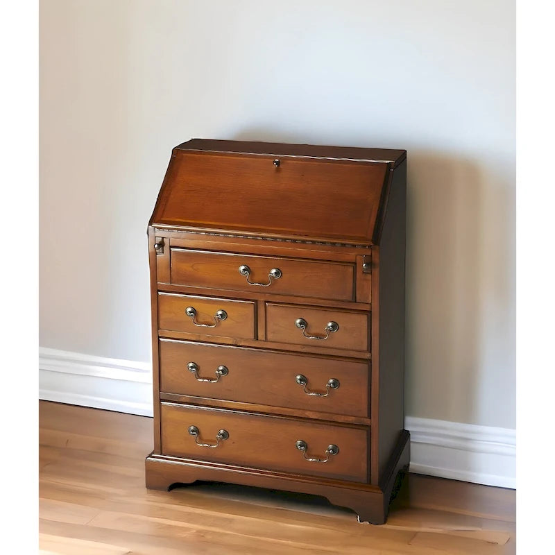 Brown Rubberwood Secretary Desk with Five Drawers