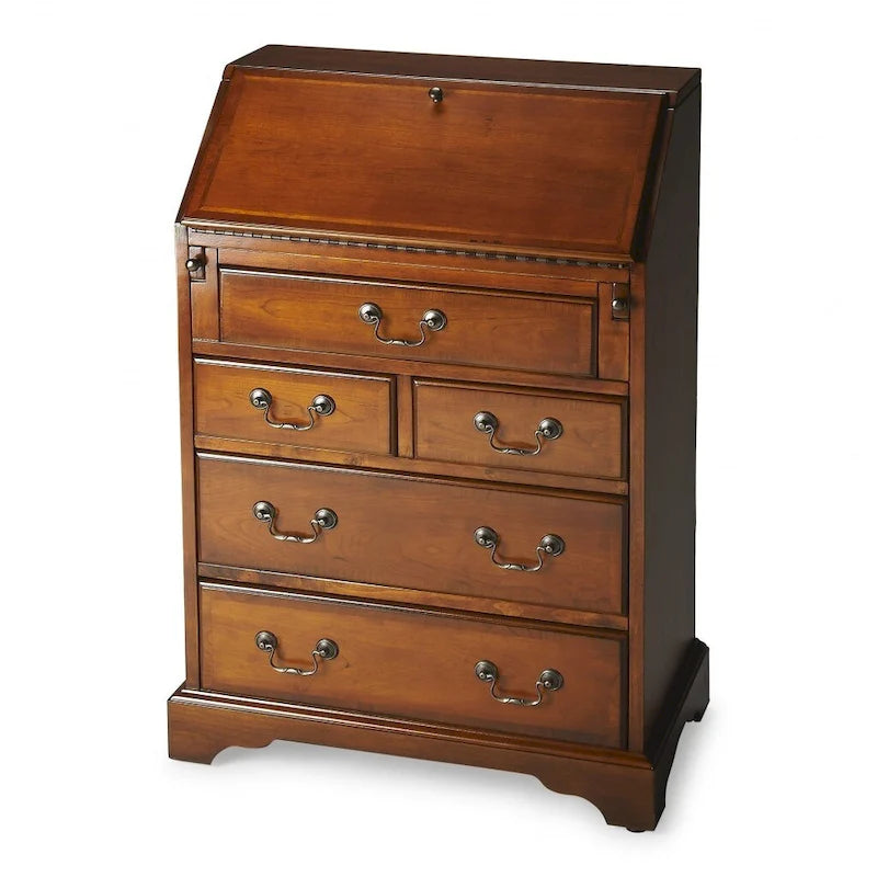 Brown Rubberwood Secretary Desk with Five Drawers