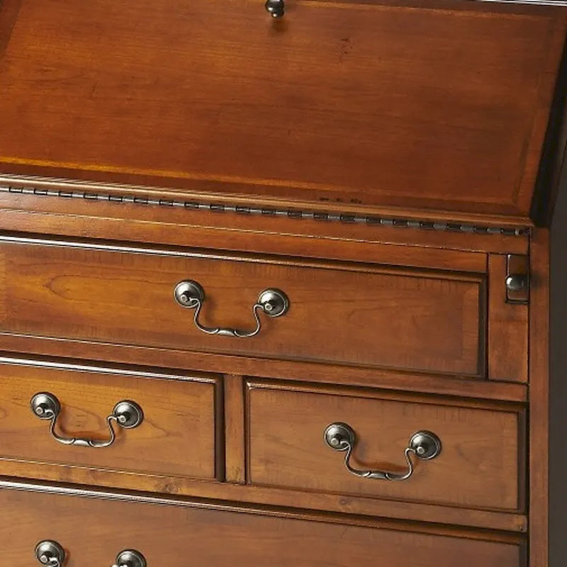 Brown Rubberwood Secretary Desk with Five Drawers
