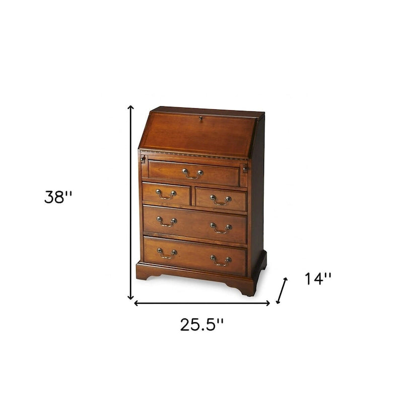 Brown Rubberwood Secretary Desk with Five Drawers