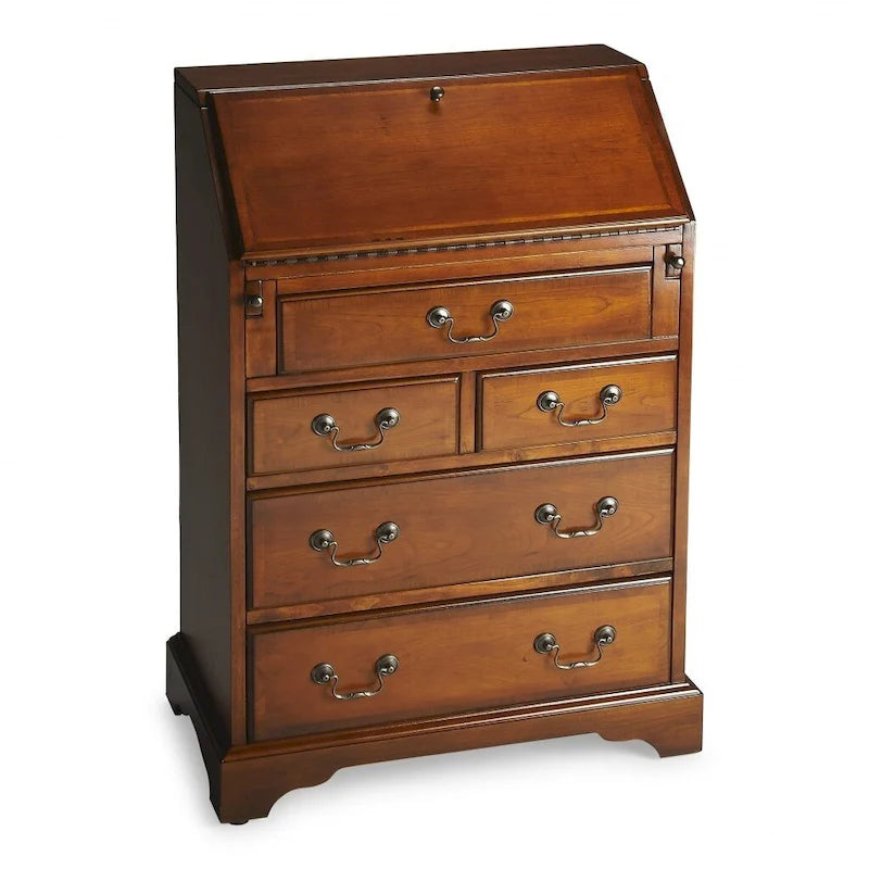 Brown Rubberwood Secretary Desk with Five Drawers
