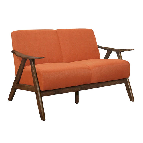 51 Inch Transitional Loveseat, Brown Wood Angled Frame, Textured Orange Fabric