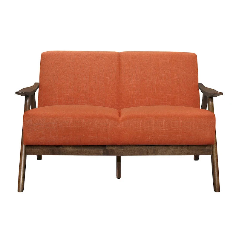51 Inch Transitional Loveseat, Brown Wood Angled Frame, Textured Orange Fabric