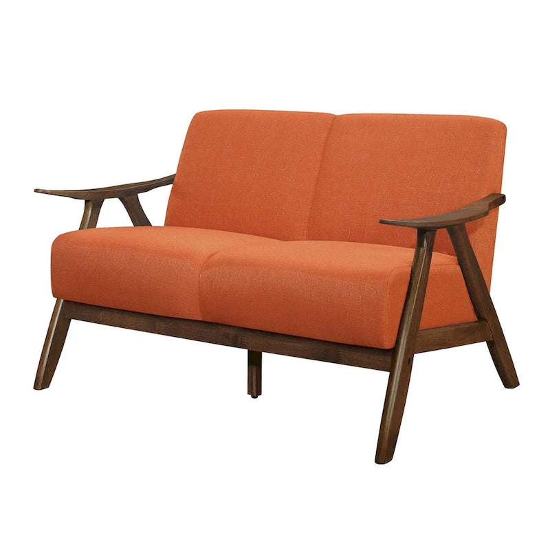 51 Inch Transitional Loveseat, Brown Wood Angled Frame, Textured Orange Fabric