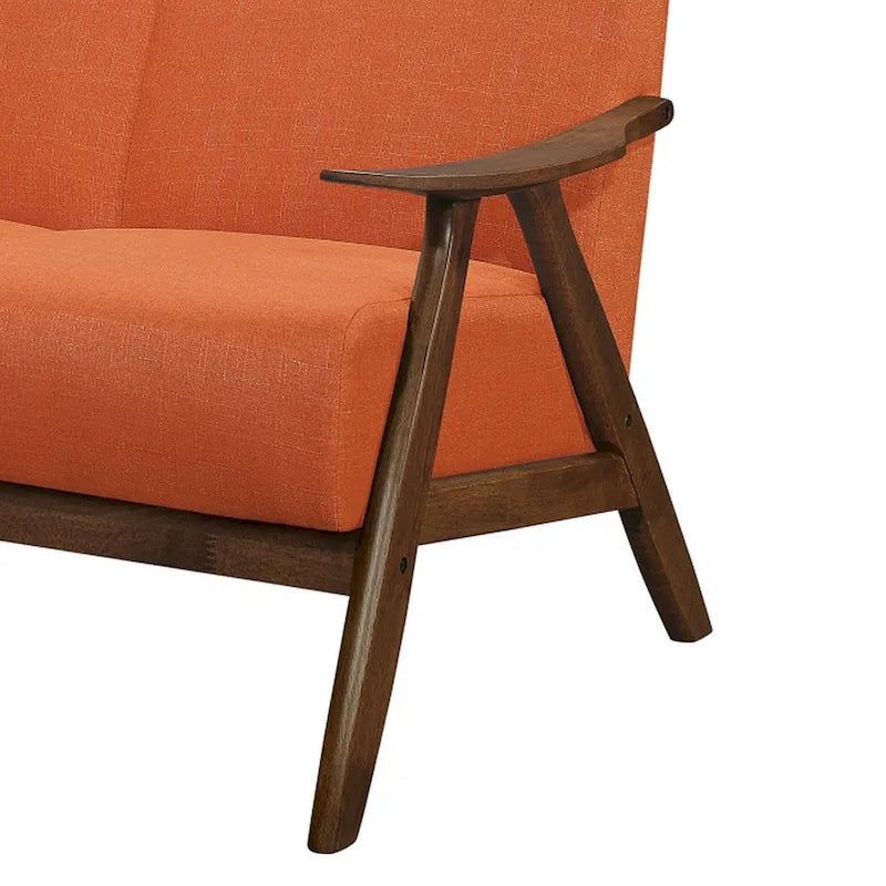 51 Inch Transitional Loveseat, Brown Wood Angled Frame, Textured Orange Fabric