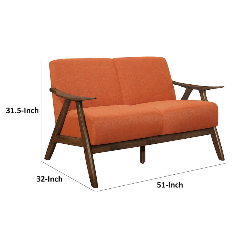 51 Inch Transitional Loveseat, Brown Wood Angled Frame, Textured Orange Fabric