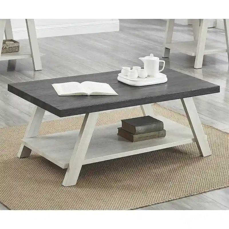 Modern Rectangular Wood Coffee Table with Lower Shelf for Living Room