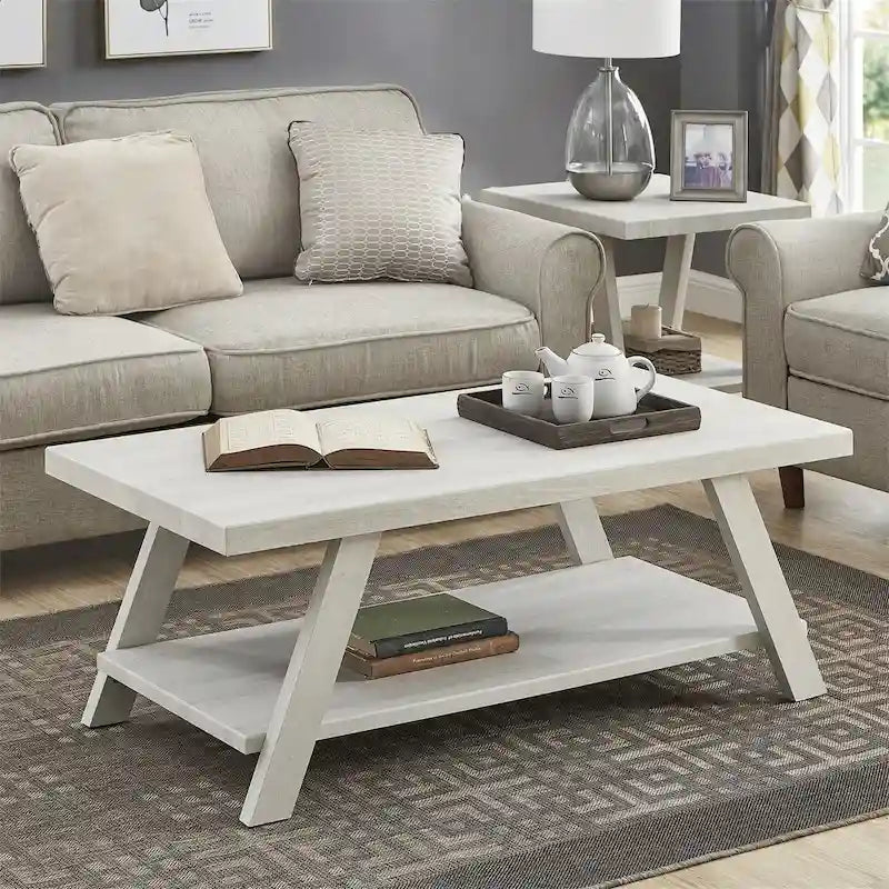 Modern Rectangular Wood Coffee Table with Lower Shelf for Living Room