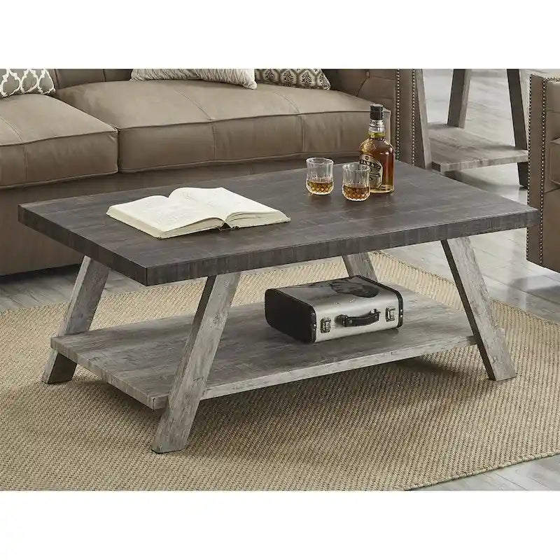 Modern Rectangular Wood Coffee Table with Lower Shelf for Living Room