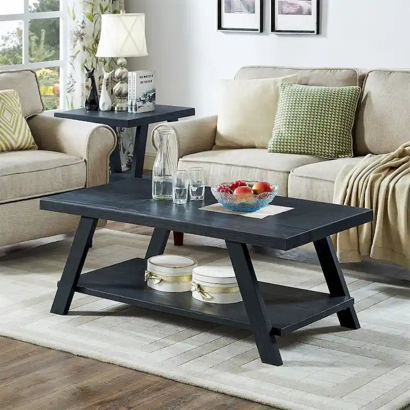 Moderner rechteckiger Couchtisch aus Holz mit unterem Ablageboden für das Wohnzimmer