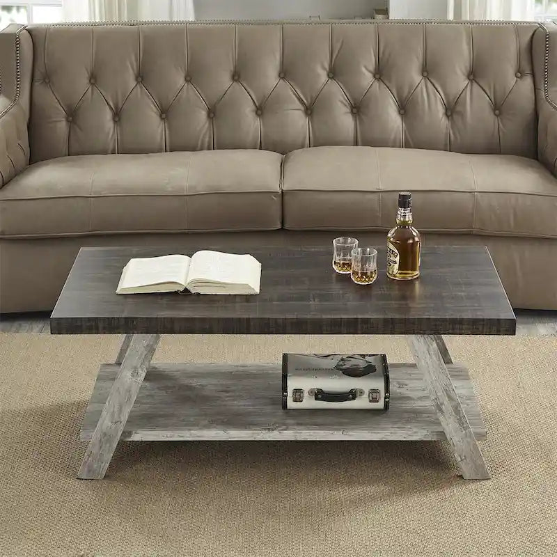 Moderner rechteckiger Couchtisch aus Holz mit unterem Ablageboden für das Wohnzimmer
